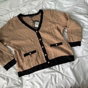 NWT Adrianna Papell $90 Beige Cable Knit Cardigan Black Trim Pearl Button 2XL
